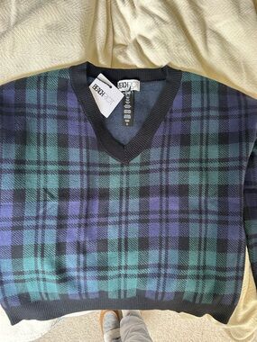 Beach Riot Men's V-Neck Plaid Sweater - Navy & Green